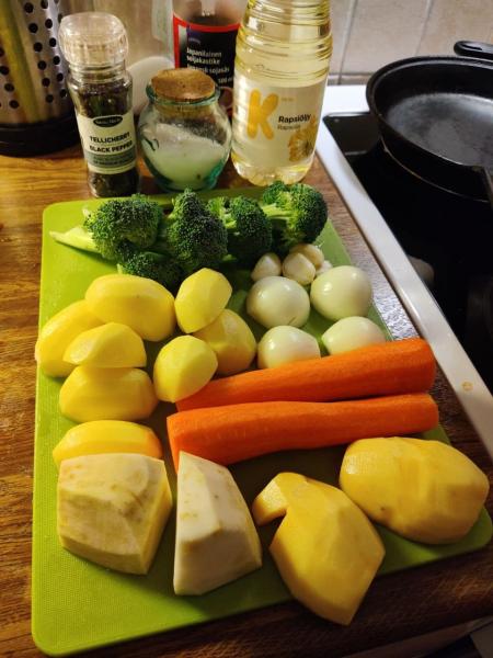 oil, soy sauce, salt, pepper, and broccoli, potatoes, onions, carrots and other root vegetables